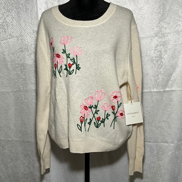 Cynthia Rowley 100% Cashmere Sweater L Cream Floral Embroidered 2Ply NWT Luxury - Picture 1 of 11